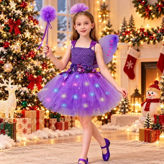 REDARER Girls Christmas Light Up Fairy Tutu Dress Set with Wings Wand Headband for Holiday Party Cosplay Dress Up,7-8 Years