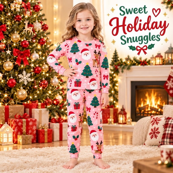 REDARER Girls Christmas Santa Reindeer All Over Print Two Piece Pajama Set Long Sleeve Crew Neck Top and Pants Soft Loungewear for Christmas Eve Family Matching Sleepwear,5-6 Years
