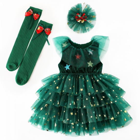 REDARER Girls Christmas Star Tulle Tutu Dress Set with Headband and Knee High Socks for Holiday Party Pageant Dress Up,8-9 Years