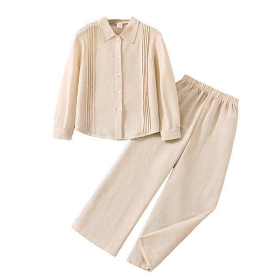 REDARER Girls' Collared Pleated Long Sleeve Shirt & Wide Leg Pants 2-Piece Casual Outfit,8-9 Years
