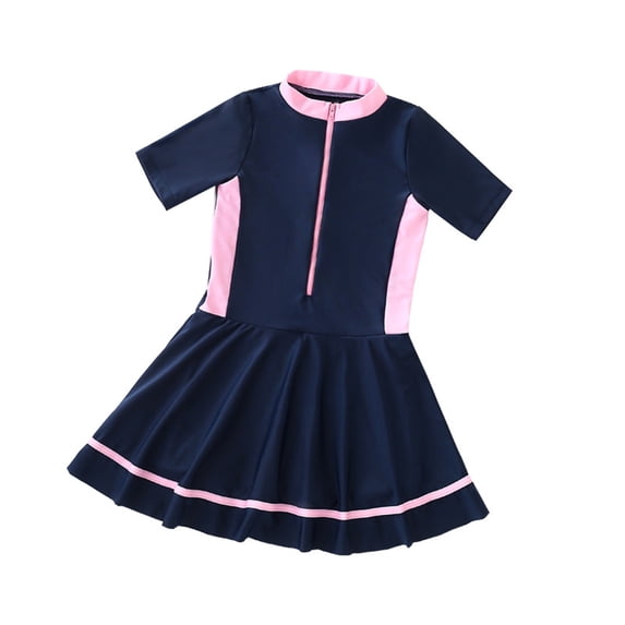 REDARER Girls Color Block One-Piece Skirted Swimsuit Short Sleeve Front Zip Rash Guard UPF 50+,10-11 Years