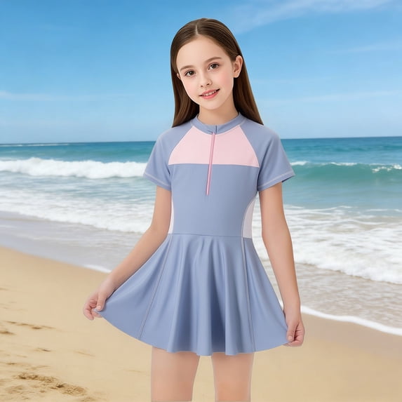 REDARER Girls Color Block Swim Dress with Half Zip UPF 50+ One Piece Skirted Swimsuit for Kids,12-13 Years