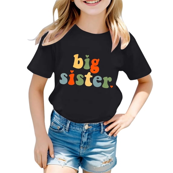 REDARER Girls' Colorful Big Sister Graphic Tee - Letter Printed Round Neck Short Sleeve Casual Fashion Comfortable Kids Everyday Wear Top,8-9 Years