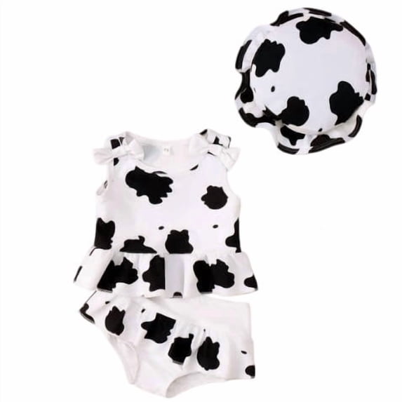 REDARER Girls Cow Print Tankini Set, Ruffle Two Piece Swimsuit with Matching Swim Cap,18-24 Months