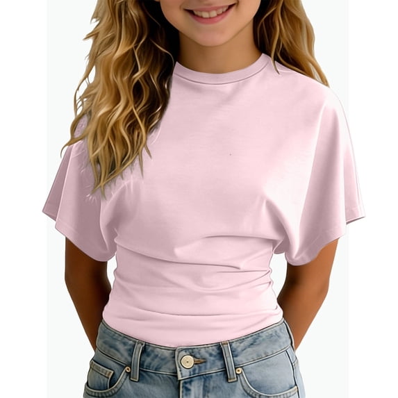 REDARER Girls Crew Neck Batwing Sleeve T-Shirt Solid Ruched Waist Casual Summer Stretchy Daily Top,7-8 Years