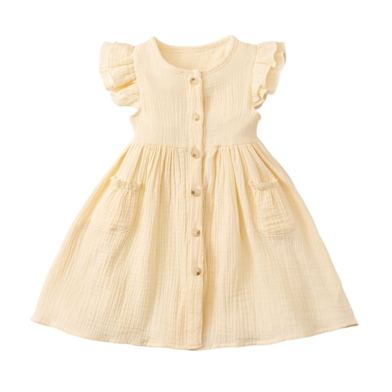 REDARER Girls Crinkle Cotton Ruffle Sleeve Dress Button Down Front Casual Summer Dress with Pockets,4-5 Years