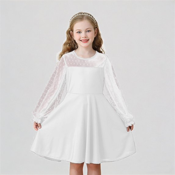 REDARER Girls Dot Mesh Long Sleeve A-Line Dress Casual Party Everyday Outfit,10-11 Years