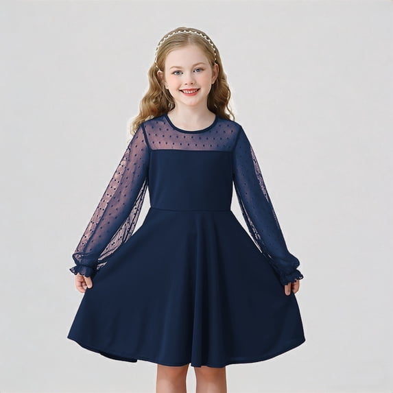 REDARER Girls Dot Mesh Long Sleeve A-Line Dress Casual Party Everyday Outfit,8-9 Years