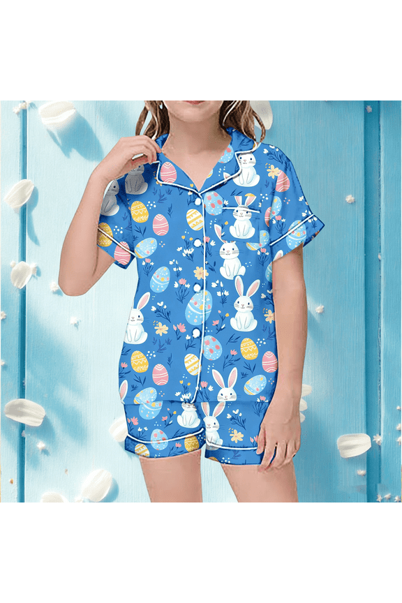 Girls' Easter Print Pajama Set - Short Sleeve Top & Shorts Two-Piece Sleepwear,Size 8-9 Years