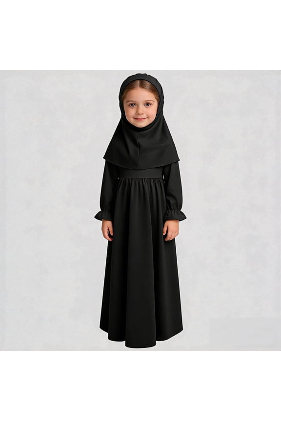 Girls Elegant Abaya Hijab Set Long Sleeve Ruffle Prayer Dress with Matching Scarf Modest Wear for Occasions,18-24 Months