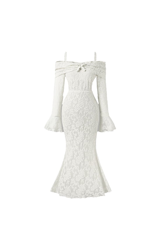 Girls Elegant Off Shoulder Midi Dress with Lace Detail & Flared Sleeves, Spring Fall Outfit for Kids,11-12 Years