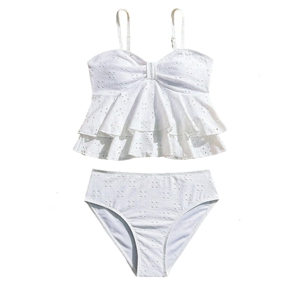 REDARER Girls Eyelet Ruffle Two-Piece Tankini Swimsuit with High Waist Bottom for Teens,8-9 Years