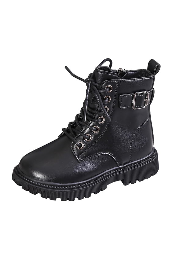 Girls Fashion Ankle Boots - Buckle Lace Up Design & Side Zipper, Leather Upper for Autumn Winter Comfort,Size:11.5-12 Years