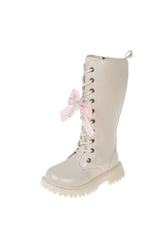 Girls Fashion Boots Knee High PU Leather Bow Detail Versatile Flat Thick Sole Non Comfortable Ankle Boots,Size:4-4.5 Years