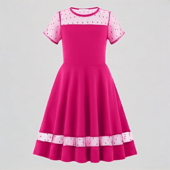 REDARER Girls' Fit & Flare Dress with Polka Dot Mesh Yoke & Hem, Classic Round Neck Casual Everyday, for Spring & Summer,12-13 Years