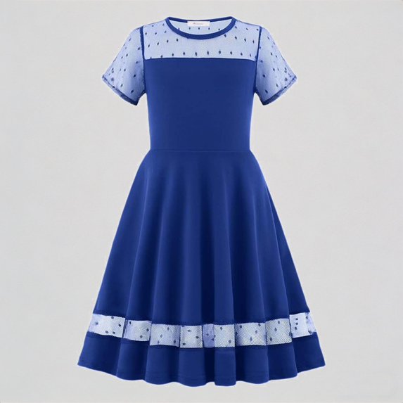 REDARER Girls' Fit & Flare Dress with Polka Dot Mesh Yoke & Hem, Classic Round Neck Casual Everyday, for Spring & Summer,12-13 Years