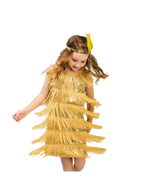 Girls Flapper Dress with Feather Headband Sequins Fringe Latin Tango Ballroom for Halloween & Dance,10-12 Years