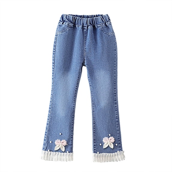 REDARER Girls' Flare Denim Pants Elastic Waistband Pearl Decor Ruffled Hem Casual Stretch Jeans,4-5 Years