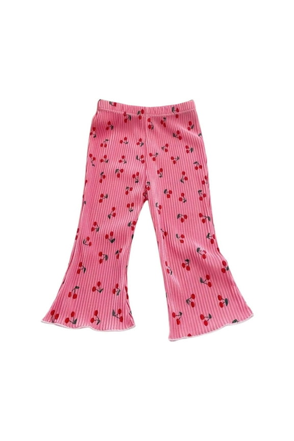 Girls' Flare Pants Cherry Print Ribbed Fabric Lettuce Hem Elastic Waist Lightweight Summer Trousers,4-5 Years