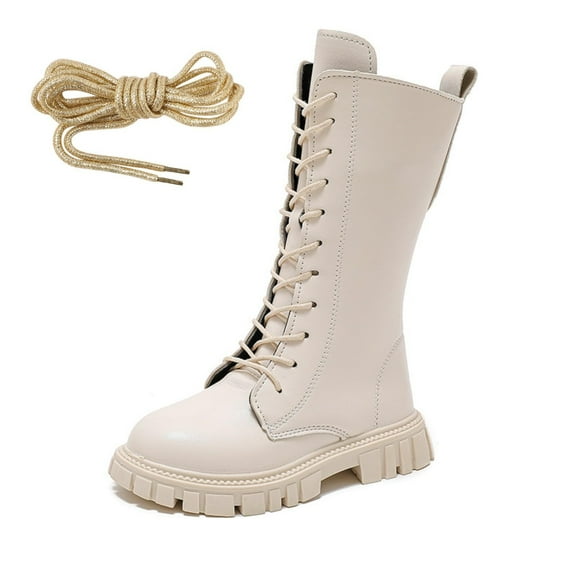 REDARER Girls Flat Boots, Comfortable PU Leather Princess Boots with Gold Laces & Non- Sole, Casual Everyday Shoes for Kids,Size:6-7 Years
