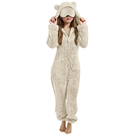 REDARER Cozy Hooded Pajamas with Eye and Cat Ears for Girls Winter Sleepwear Jumpsuit,Kids Clothing,Size:11-12 Years