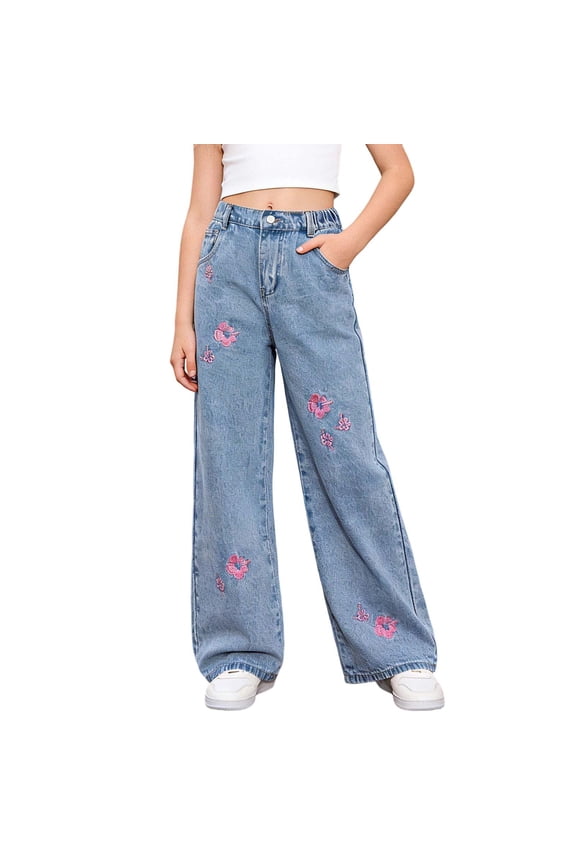 Girls Floral Embroidered Jeans High Waist Straight Leg Loose Fit Casual Denim Pants Comfortable,8-9 Years
