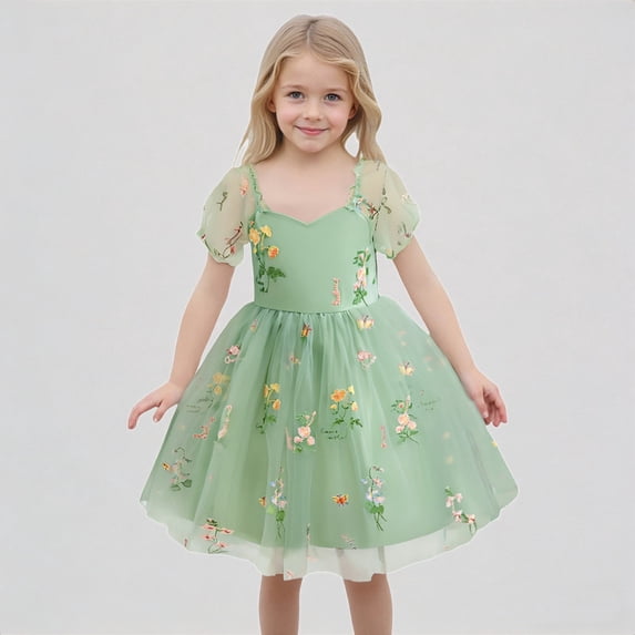 REDARER Girls Floral Embroidered Puff Sleeve Tulle Dress Princess Dance Party Outfit,3-4 Years