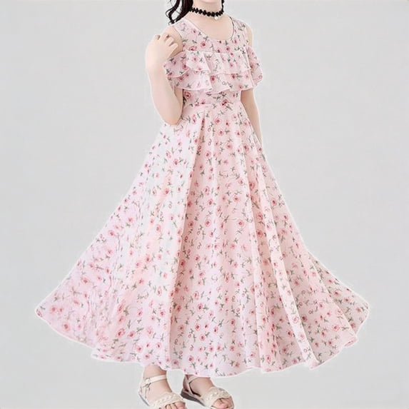 REDARER Girls Floral Print Cold Shoulder Ruffle Chiffon Maxi Dress Elegant Summer Party Outfit,7-8 Years