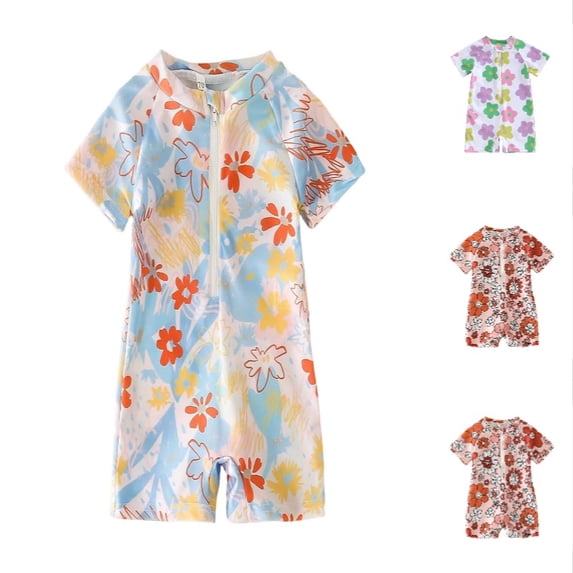 REDARER Girls Floral Print One-Piece Rash Guard, Short Sleeve Zip-Front UPF 50+ Swimsuit for Toddlers,0-6 Months
