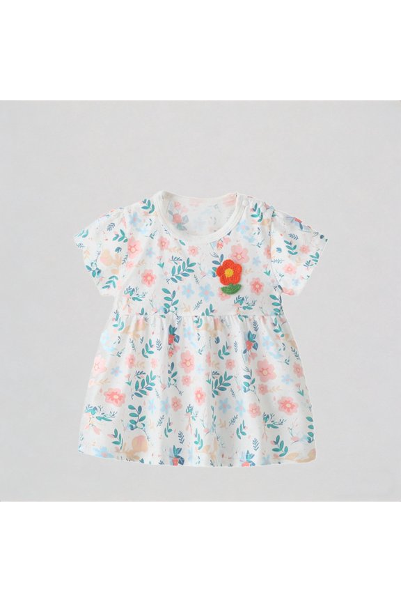 Girls Floral Print Short Sleeve Dress with 3D Flower Detail Casual Summer Everyday Outfit,1-2 Years