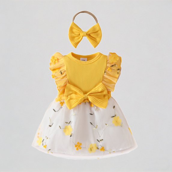 REDARER Girls Floral Tulle Dress with Bowknot Detail & Matching Headband Princess Party Holiday Outfit,6-9 Months