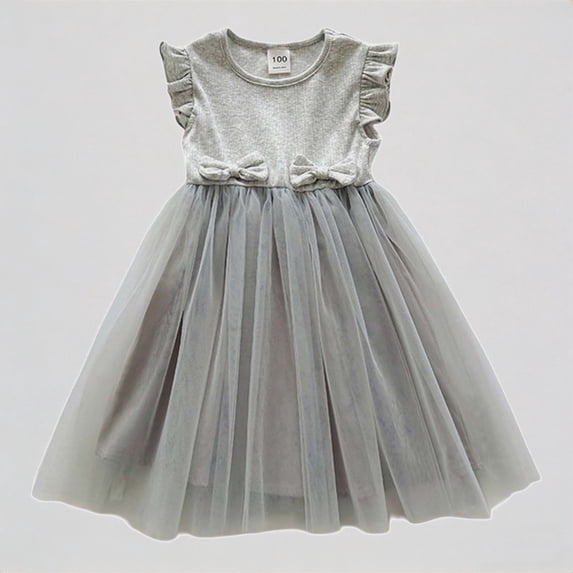 REDARER Girls Flutter Sleeve Bowknot Tulle Dress Party Dance Princess Casual Outfit,3-4 Years