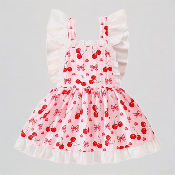 REDARER Girls Flutter Sleeve Cherry Bow Print Dress with Ruffle Trim Summer Casual Holiday Party Dress for Kids,18-24 Months
