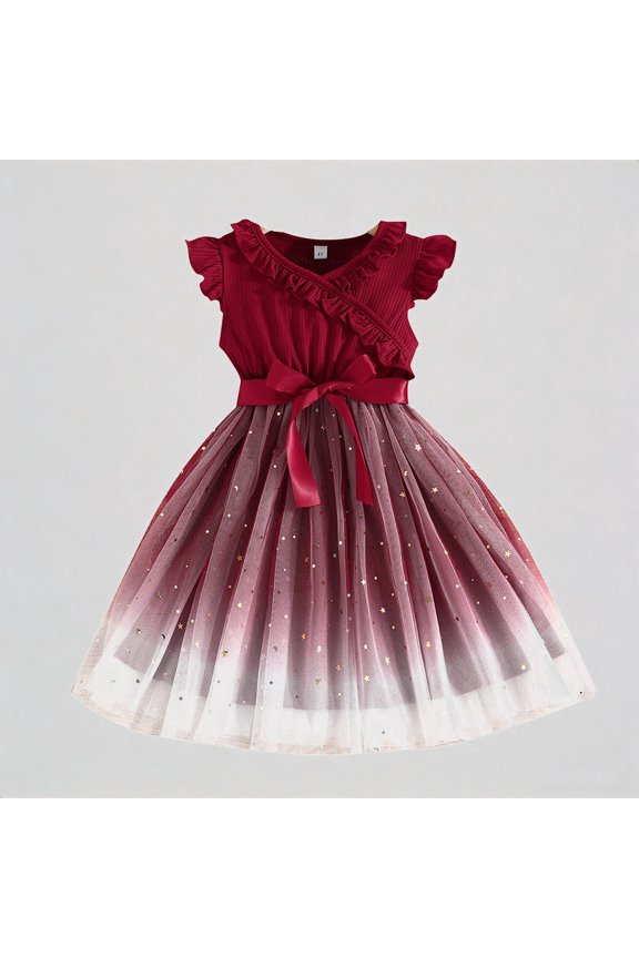 Girls' Flutter Sleeve Dress with Gradient Tulle Skirt & Gold Star Print Party Princess Outfit,2-3Y