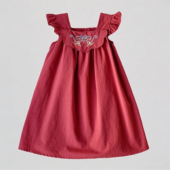 REDARER Girls Flutter Sleeve Dress with Scalloped Embroidered Yoke Casual Summer Everyday Outfit,6-7 Years