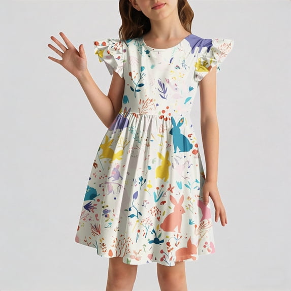 REDARER Girls Flutter Sleeve Easter Bunny & Floral Print Dress with Elastic Waist Casual Summer Playground School Outdoor Comfortable Breathable Outfit for Kids,5-6 Years