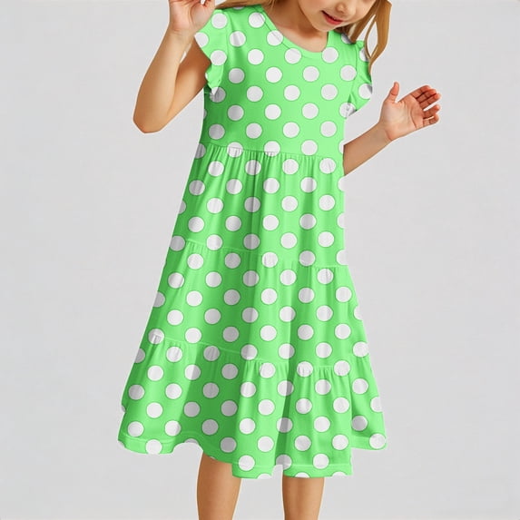 REDARER Girls Flutter Sleeve Polka Dot Tiered Midi Dress Casual Summer Outdoor Play Comfortable Easy Care Dress for Kids,13T