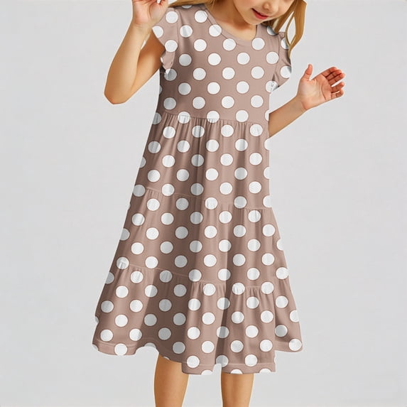 REDARER Girls Flutter Sleeve Polka Dot Tiered Midi Dress Casual Summer Outdoor Play Comfortable Easy Care Dress for Kids,7T