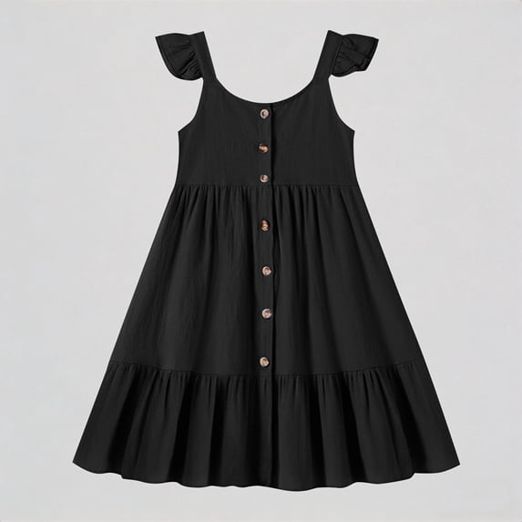 REDARER Girls' Flutter Strap Button-Down Tiered Maxi Dress Casual Ruffle Hem Summer Dress,1-2 Years