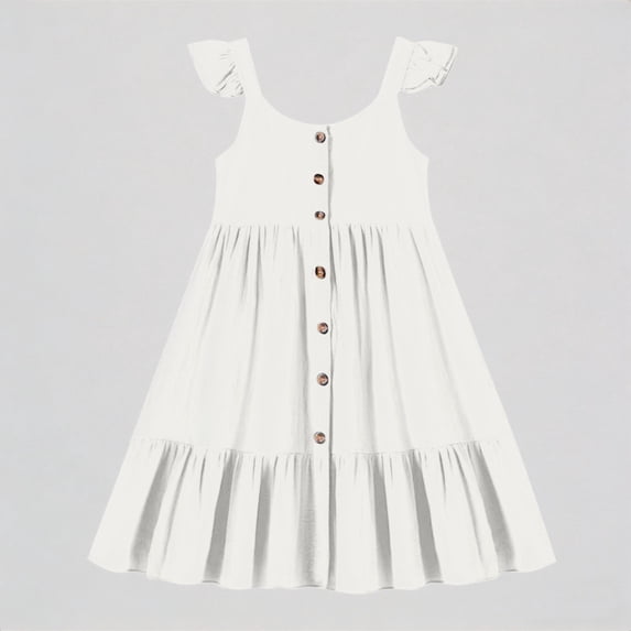REDARER Girls' Flutter Strap Button-Down Tiered Maxi Dress Casual Ruffle Hem Summer Dress,1-2 Years