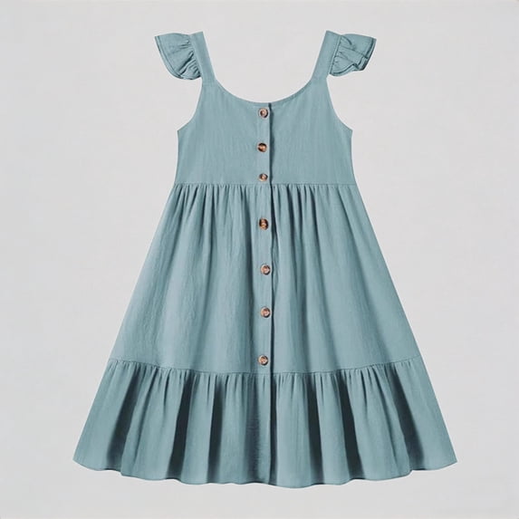 REDARER Girls' Flutter Strap Button-Down Tiered Maxi Dress Casual Ruffle Hem Summer Dress,4-5 Years