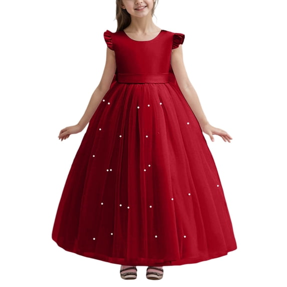 REDARER Girls Formal Dress, Long Beaded Tulle Gown with Bow for Birthday Party, Elegant Pageant Gown for Occasions,Size:10-12 Years