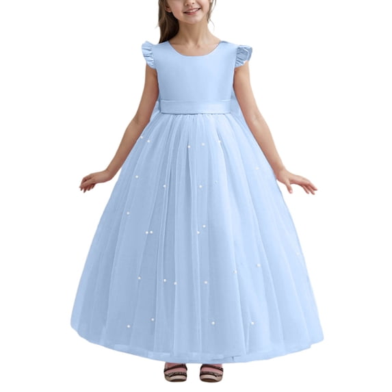 REDARER Girls Formal Dress, Long Beaded Tulle Gown with Bow for Birthday Party, Elegant Pageant Gown for Occasions,Size:7-8 Years