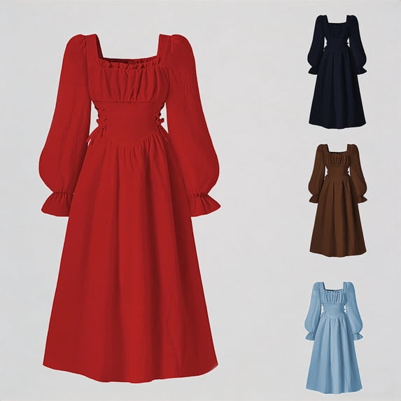 REDARER Girls French Square Neck Puff Sleeve Dress with Smocked Waist Elegant Flared Party Gown for Formal Events Kids,12-13 Years