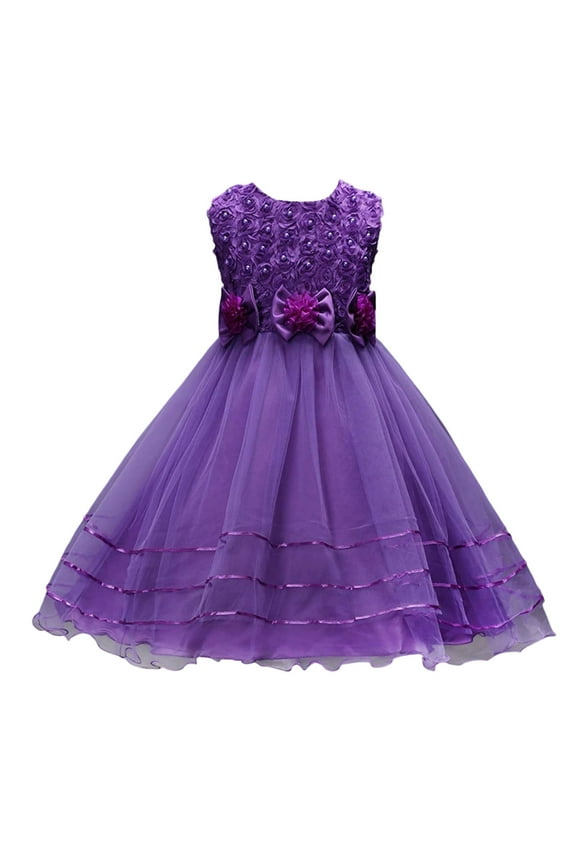 Girls Fuchsia Tulle Dress Sleeveless Floral Applique Bow Detail Tiered Party Formal Dress,18-24 Months