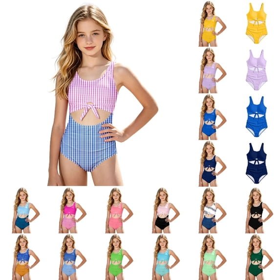 REDARER Girls Gingham Cutout One Piece Swimsuit, Checkered Bathing Suit with Bow Tie,9-10 Years