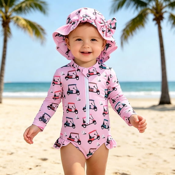 REDARER Girls Golf Cart Rash Guard Set, Long Sleeve One Piece with Matching Sun Hat,18-24 Months