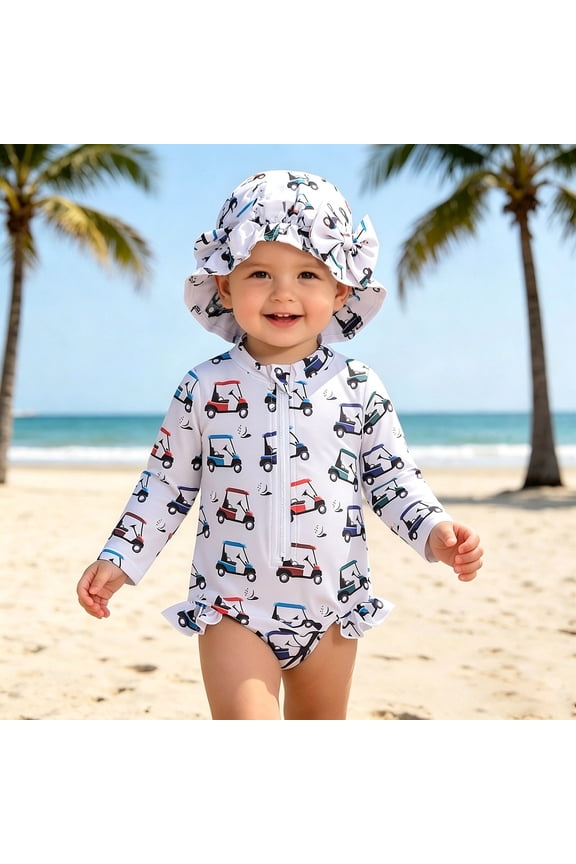 Girls Golf Cart Rash Guard Set, Long Sleeve One Piece with Matching Sun Hat,6-12 Months