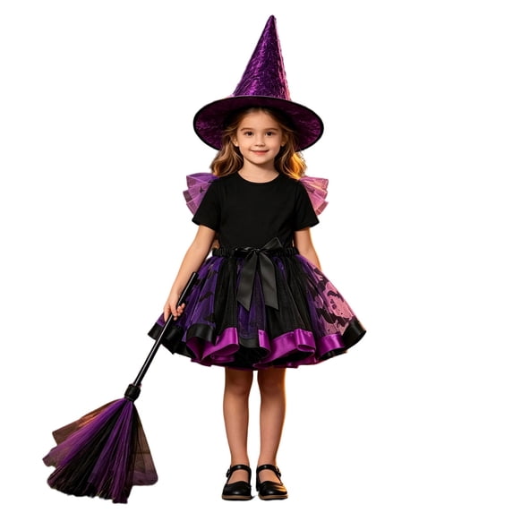 REDARER Girls Halloween Witch Cosplay Bat Print Mesh Tulle Skirt Set with Witch Hat and Toy Broom for Halloween Party Cosplay Dress Up Outfit,6-7 Years