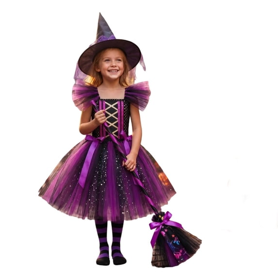 REDARER Girls Halloween Witch Cosplay Dress with Pointed Hat Glitter Tulle Skirt Themed Party Performance Dress Up Outfit,5-6 Years
